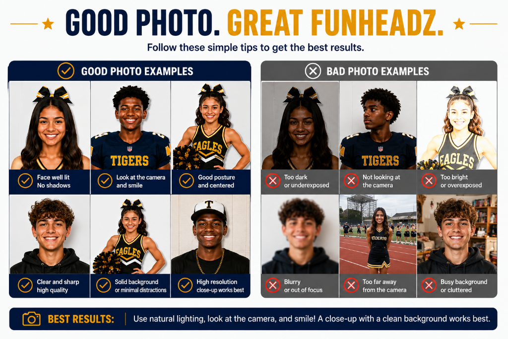 Good photo vs bad photo guide for FunHeadz — good examples include face well lit, looking at camera, good posture, clear and sharp, solid background, high resolution. Bad examples include too dark, not looking at camera, too bright, blurry, too far away, busy background.
