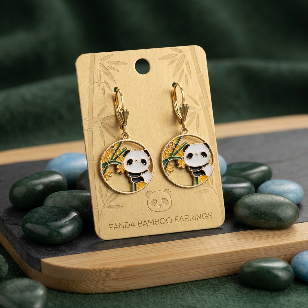 Handmade Panda Earrings - Cute Bamboo Bear Dangle Earrings, Lightweight Animal Jewelry Gift