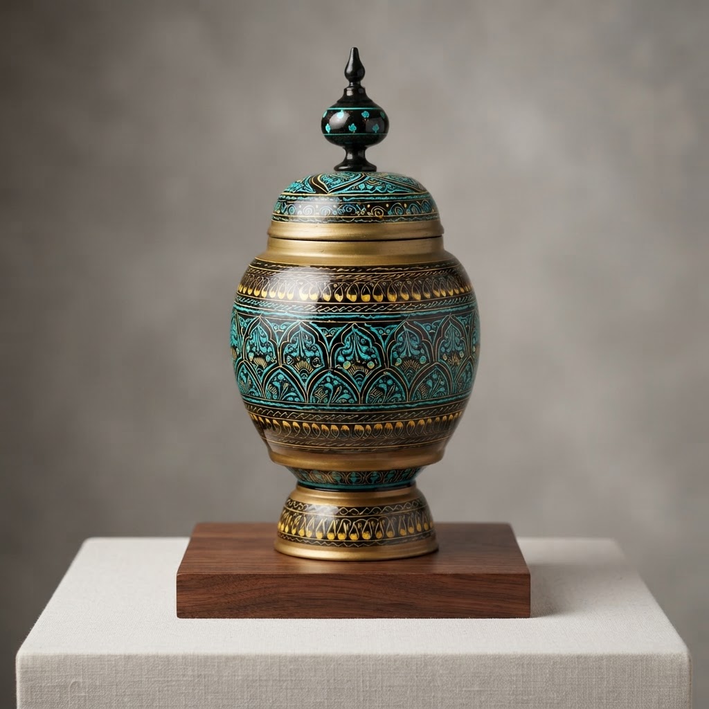 Handcrafted Turquoise & Gold Decorative Lidded Storage Jar – Traditional Home Décor