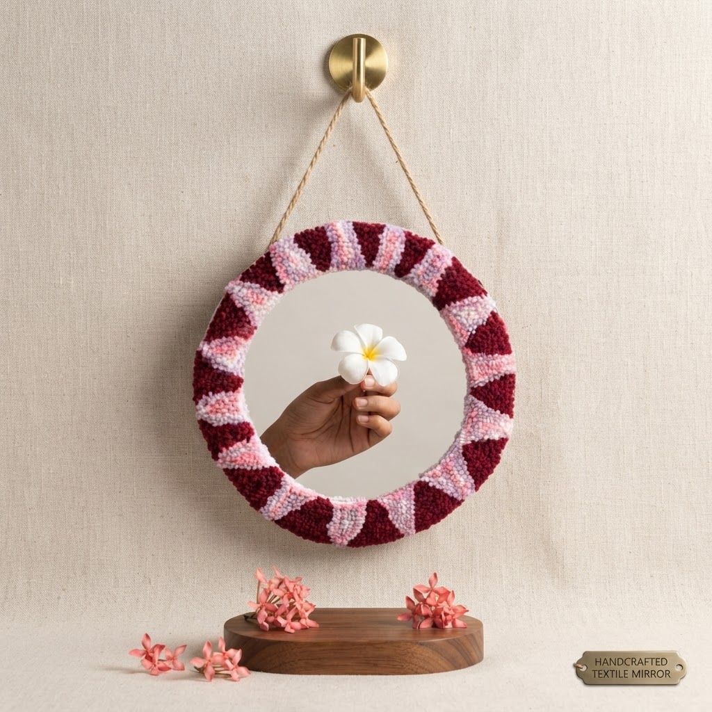 Handmade Punch Needle Mirror - Boho Textured Wall Decor