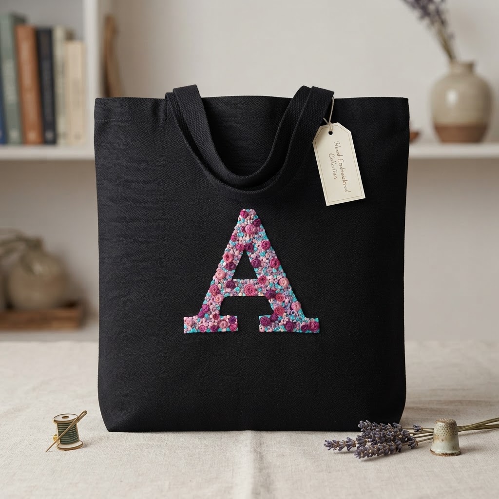 “A” Hand Embroidered Tote Bag