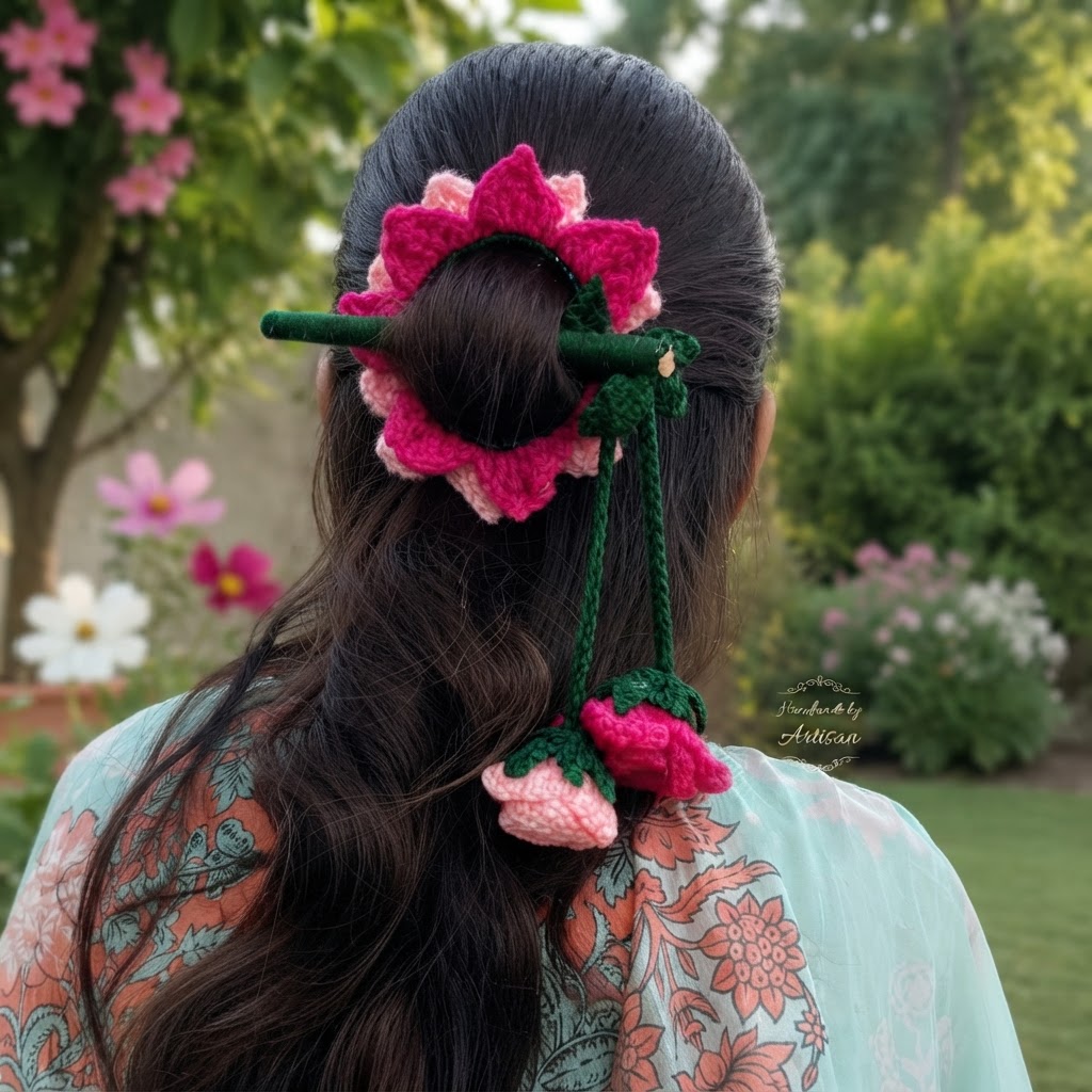 Handmade Crochet Hair Bun Stick - Floral Wood Hair Accessory