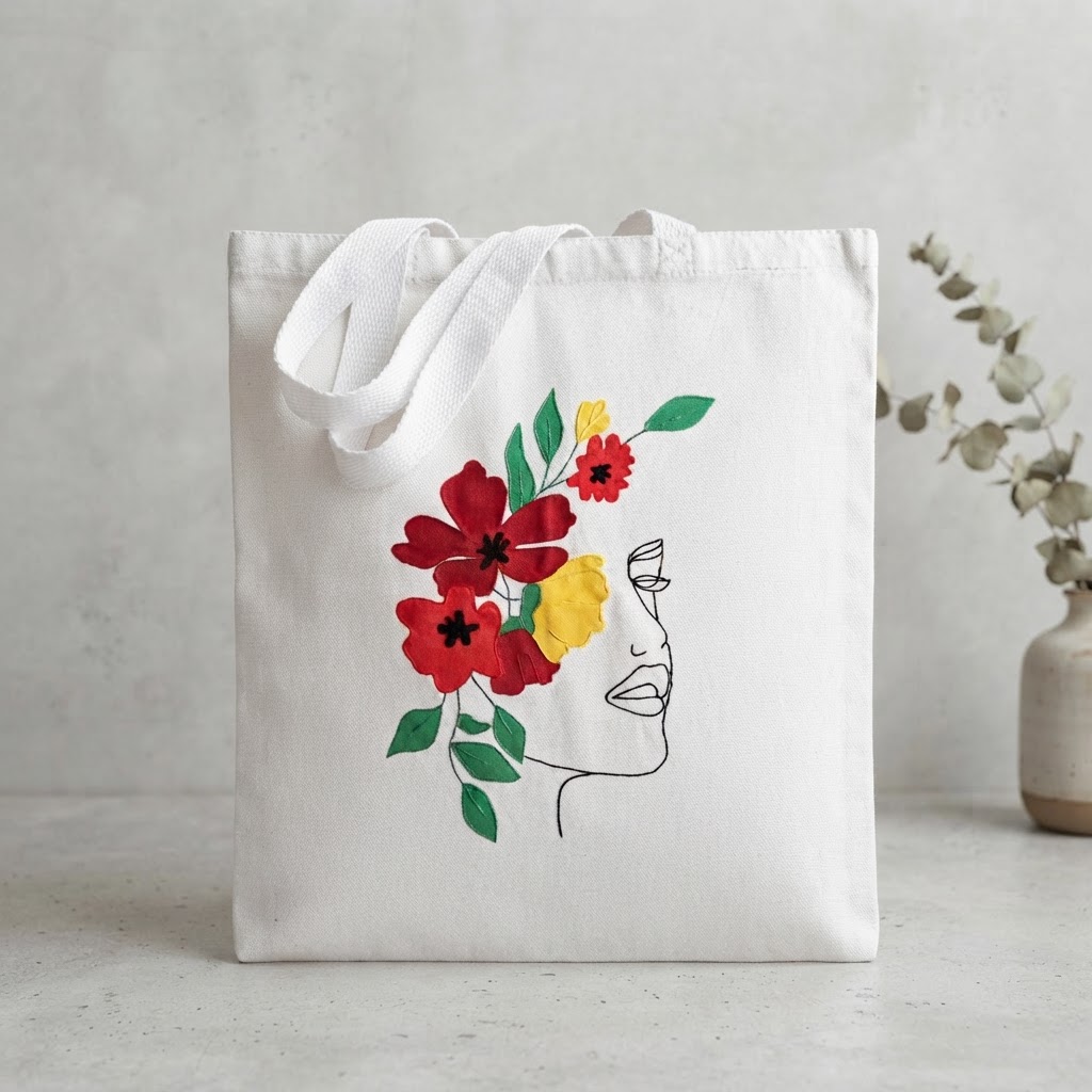Handmade Red Floral Canvas Tote Bag - Aesthetic Flower Art Shopper