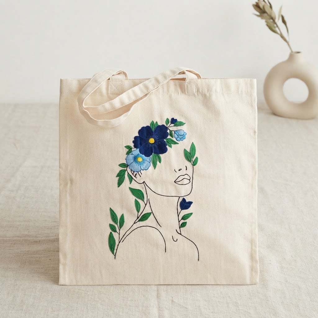 Blue Flower Face Hand Embroidered Tote Bag
