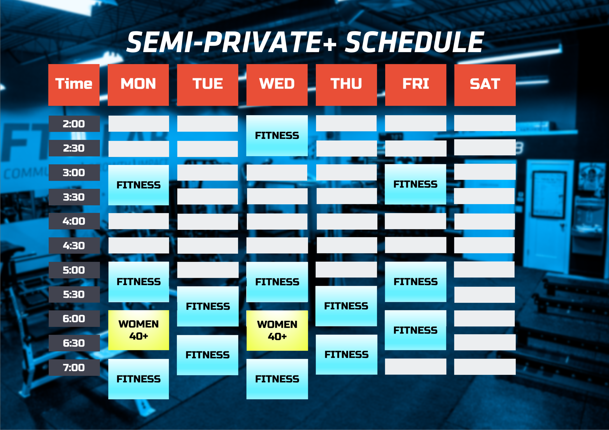 Semi-Private+ PM weekly schedule