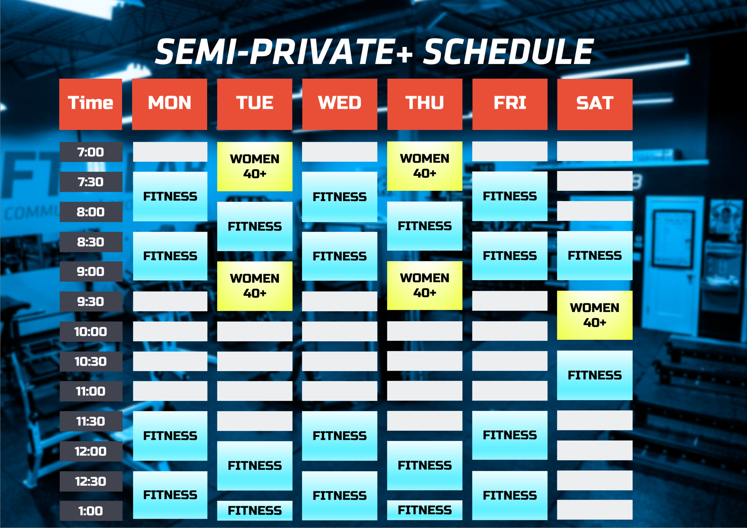 Semi-Private+ AM weekly schedule