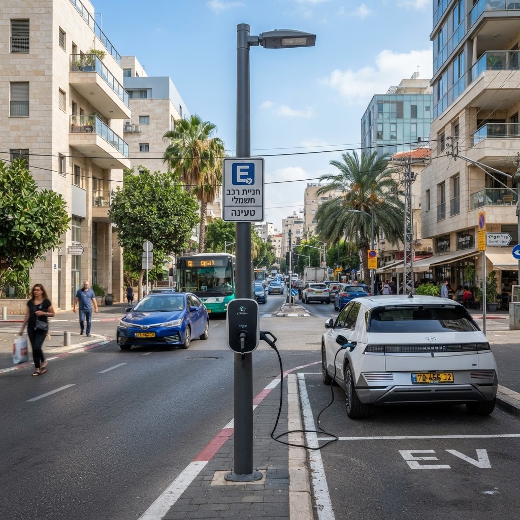 עמדת טעינה לרכב חשמלי ליד עמוד תאורה