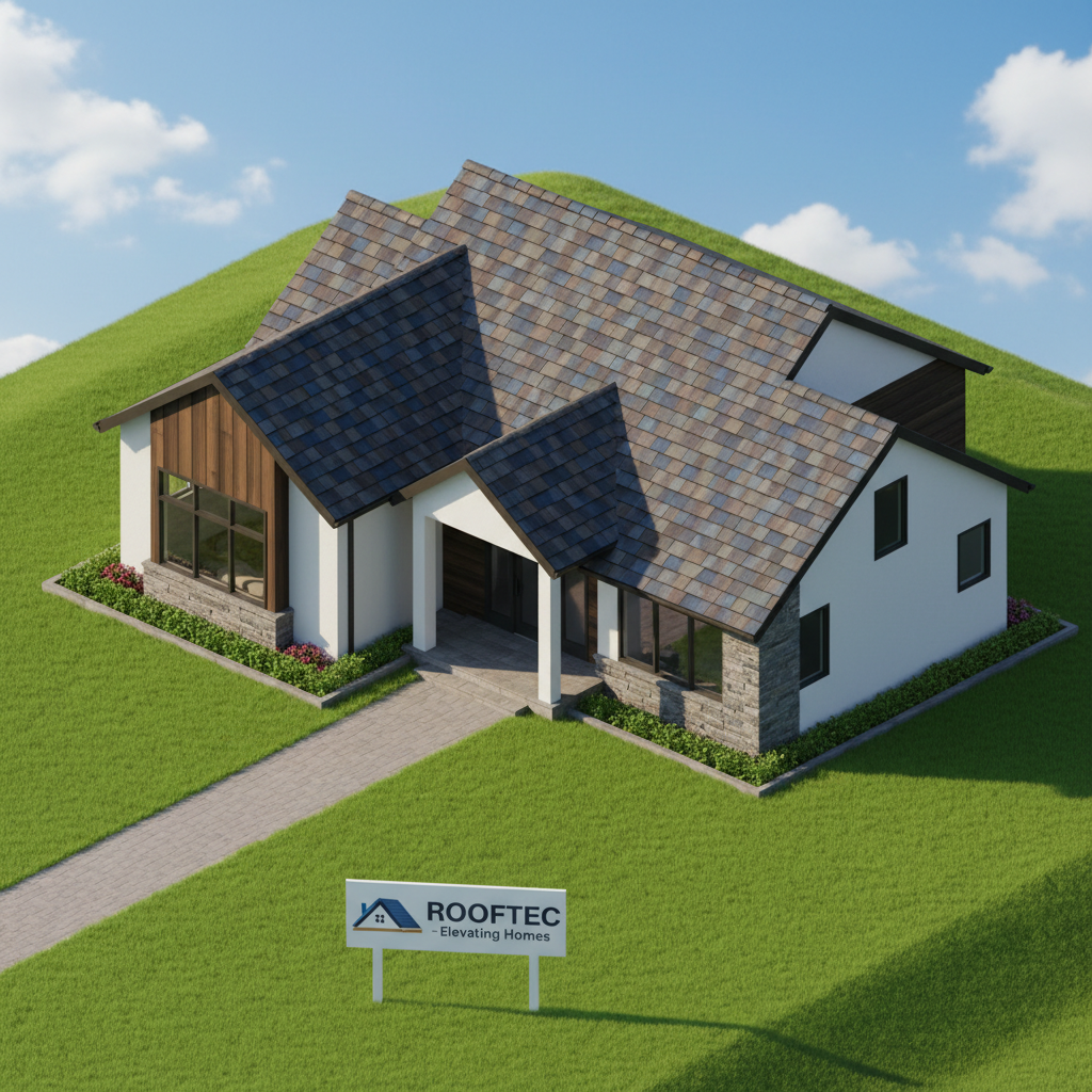 3D render of a modern home analyzed by satellite-based AI roof inspection