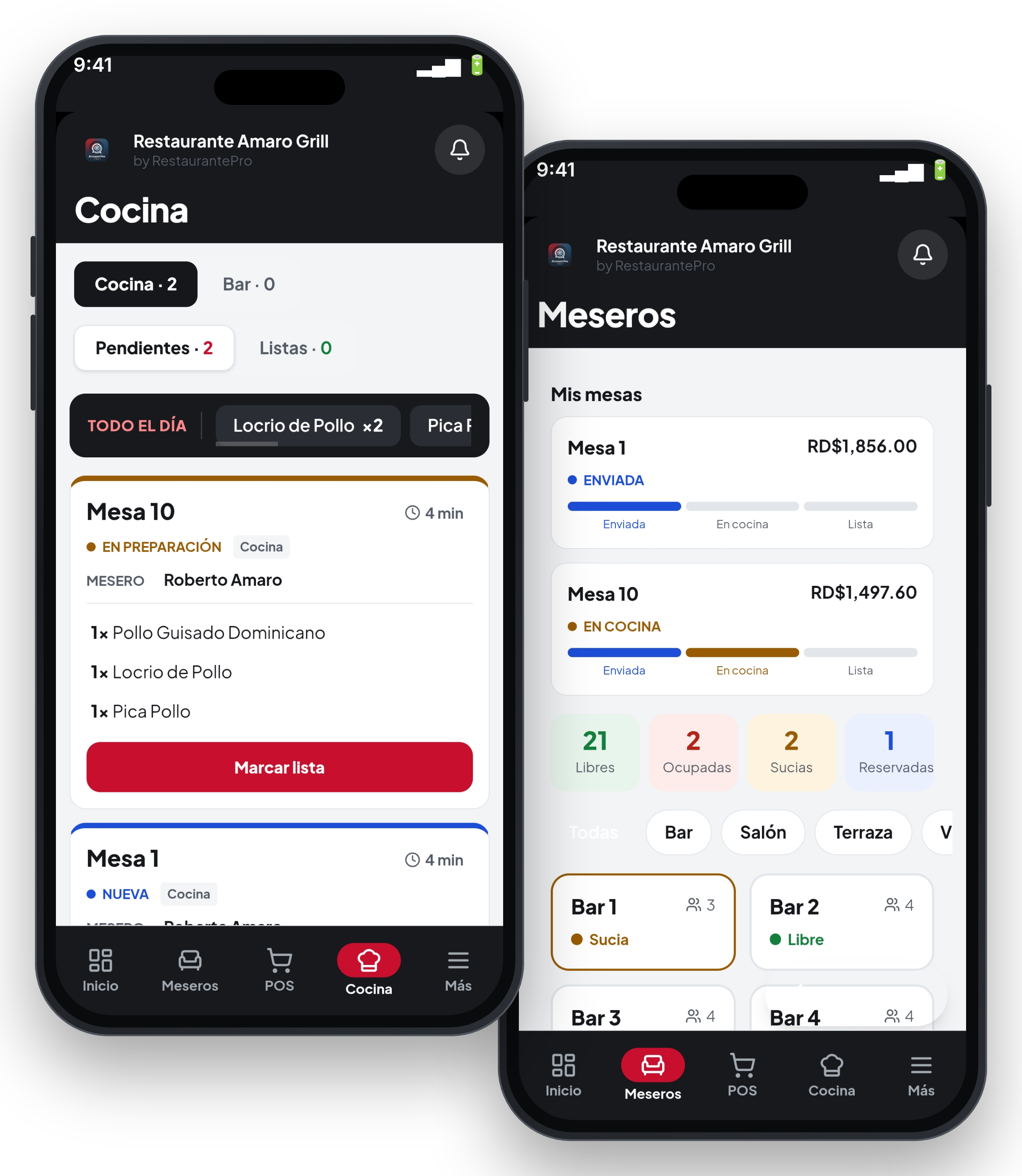 Captura de la app RestaurantePro: vista de Cocina y Meseros en móvil