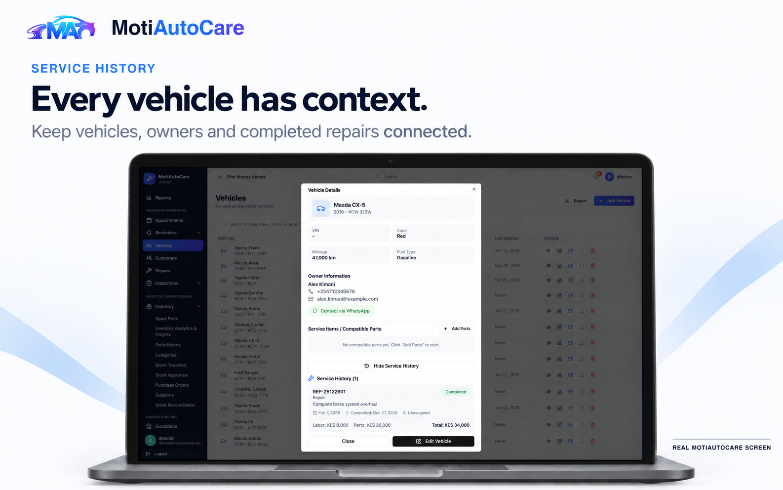 Vehicle record with owner details, compatible parts and completed service history