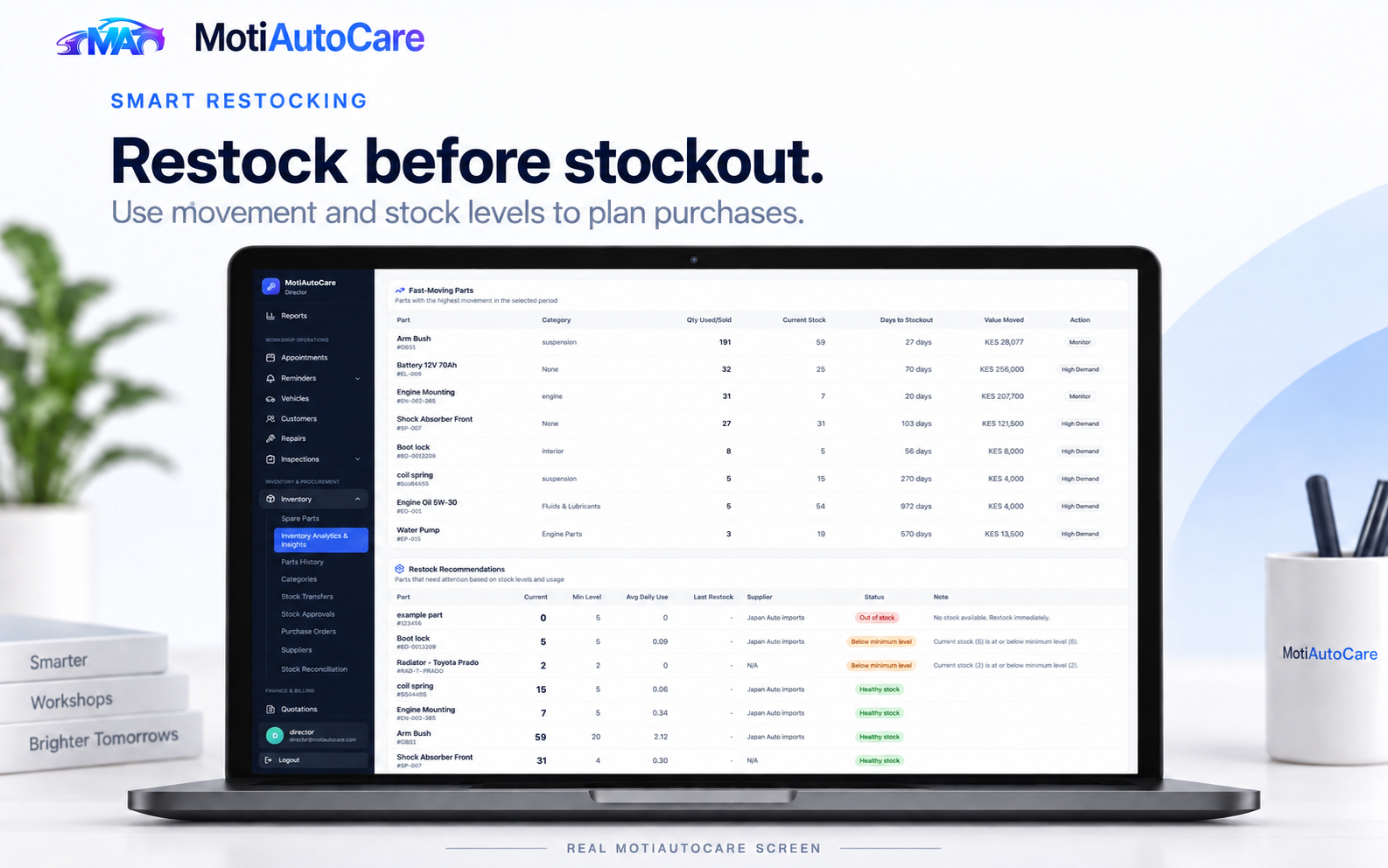 Fast-moving parts list with restock recommendations and days-to-stockout