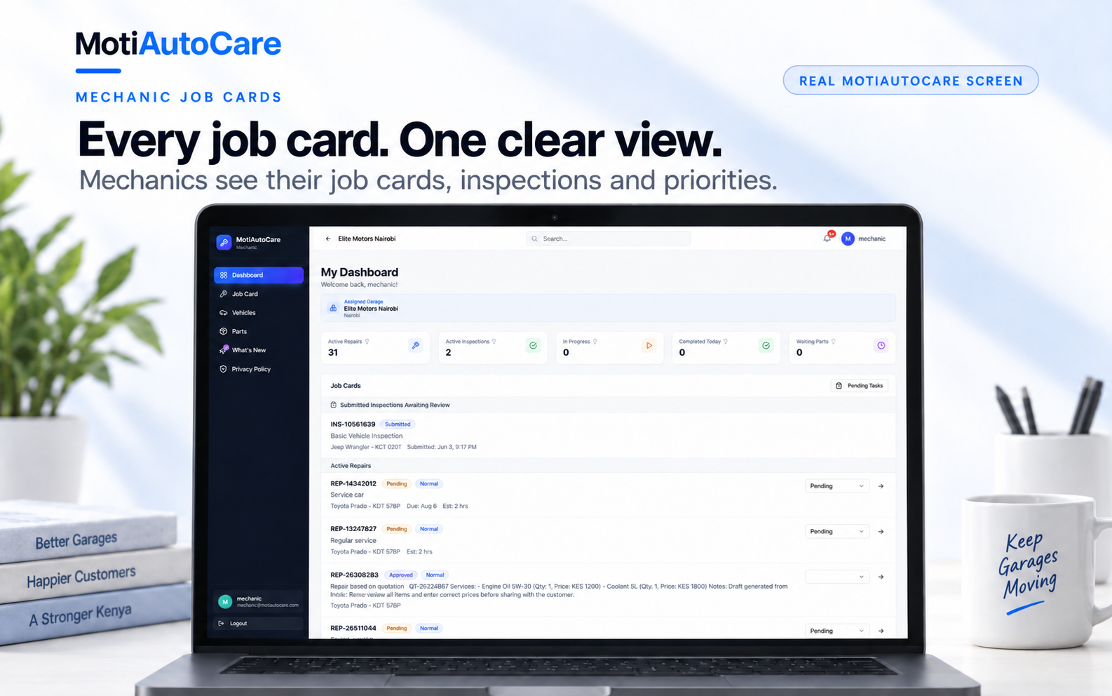 Mechanic dashboard with assigned job cards, inspections and priorities
