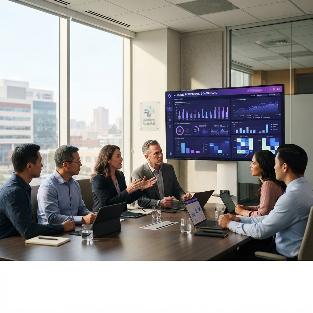 Hospital leaders reviewing AI model performance charts in a conference room