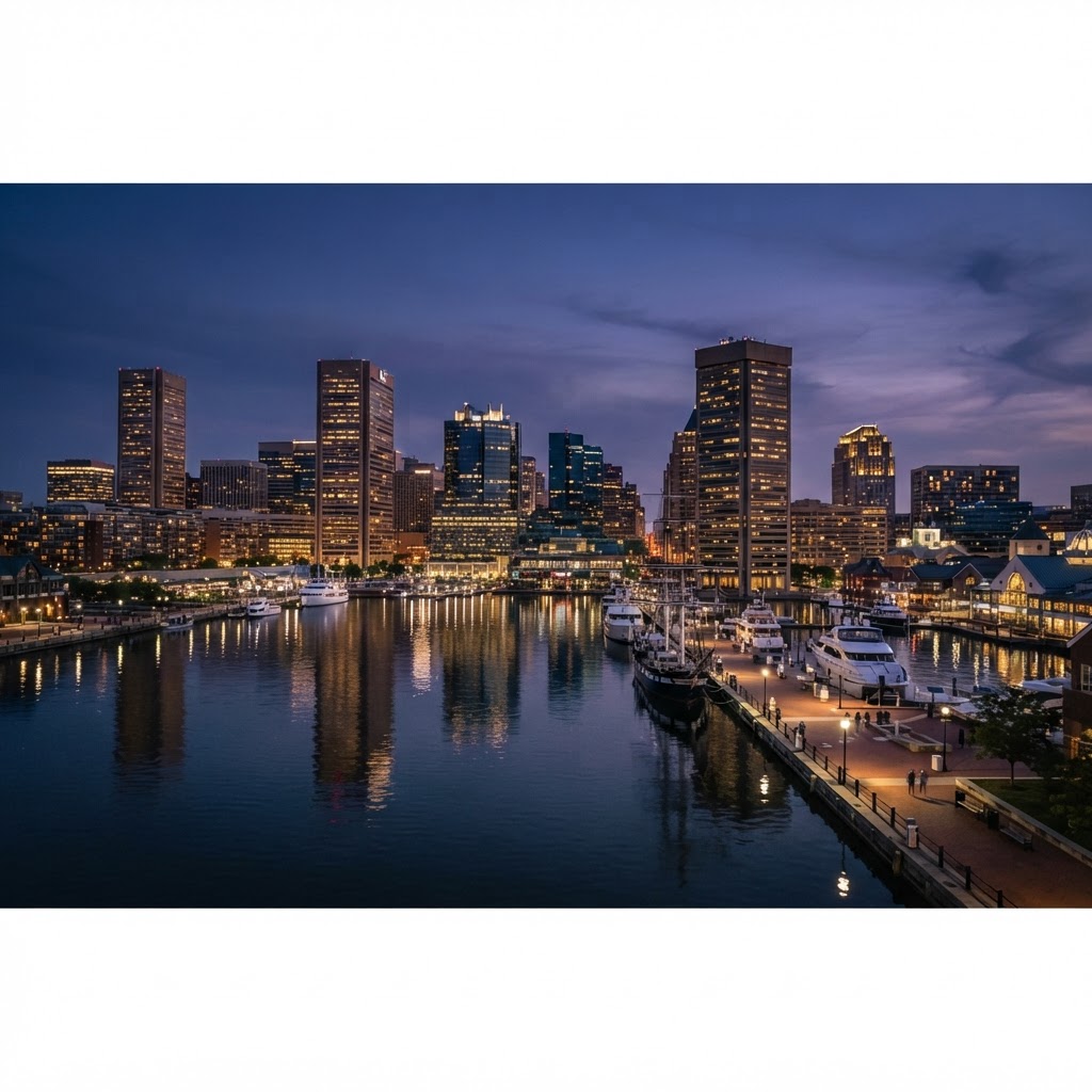 Baltimore skyline at dusk representing the city's health innovation community
