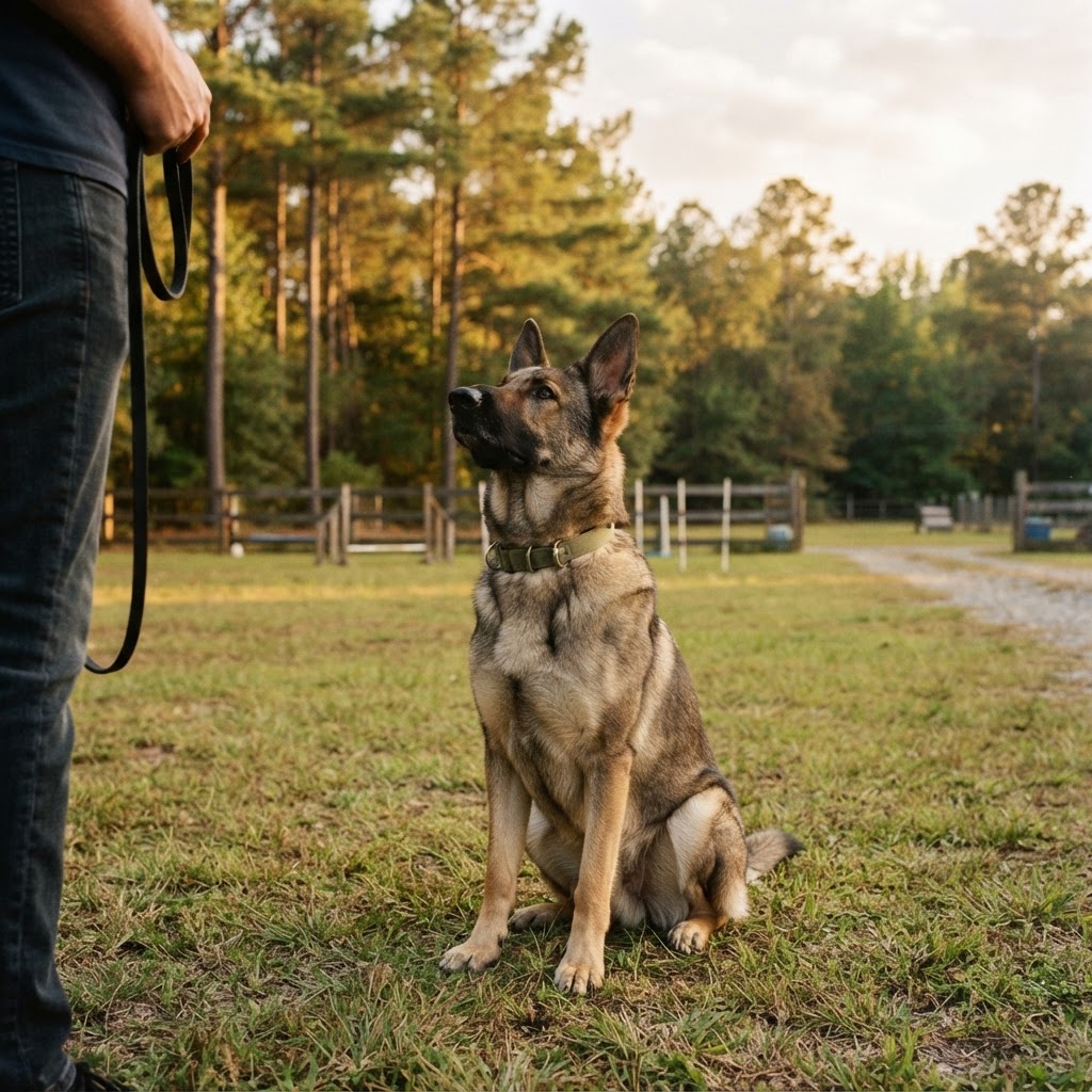 A calm, well-trained dog at the K9 Learning Academy facility