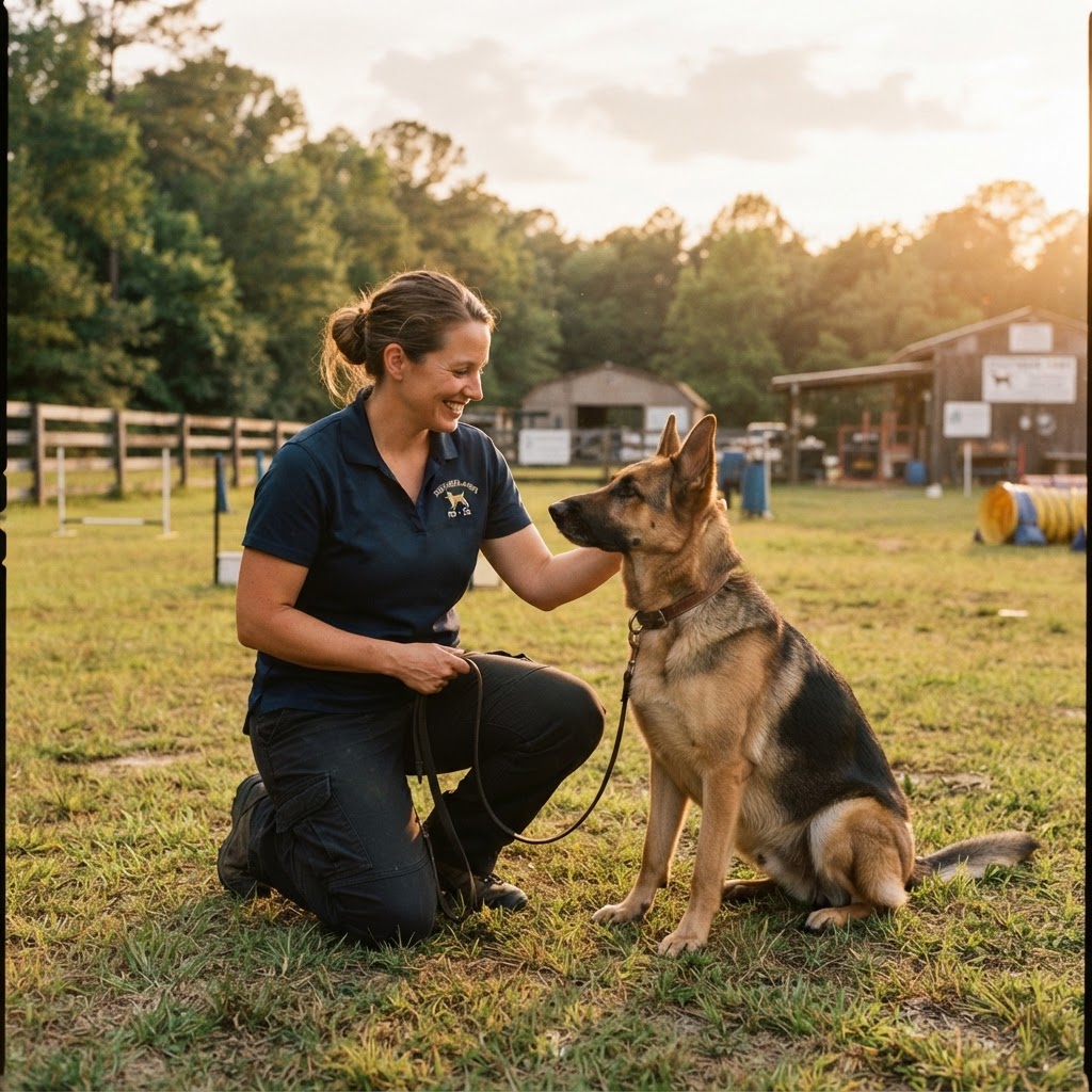 Trainer sharing a quiet moment of connection with a dog at the K9 Learning Academy facility