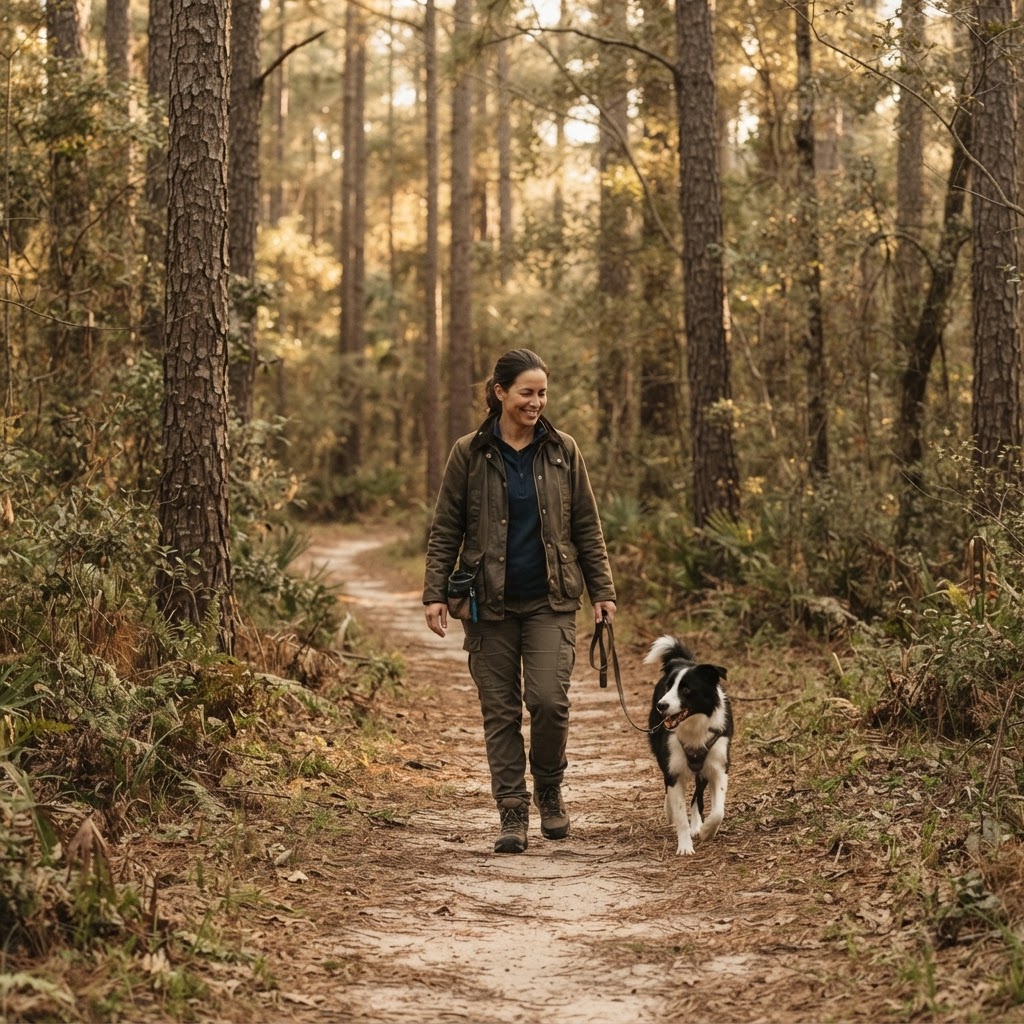 Trainer walking a well-behaved dog on a rural SC path