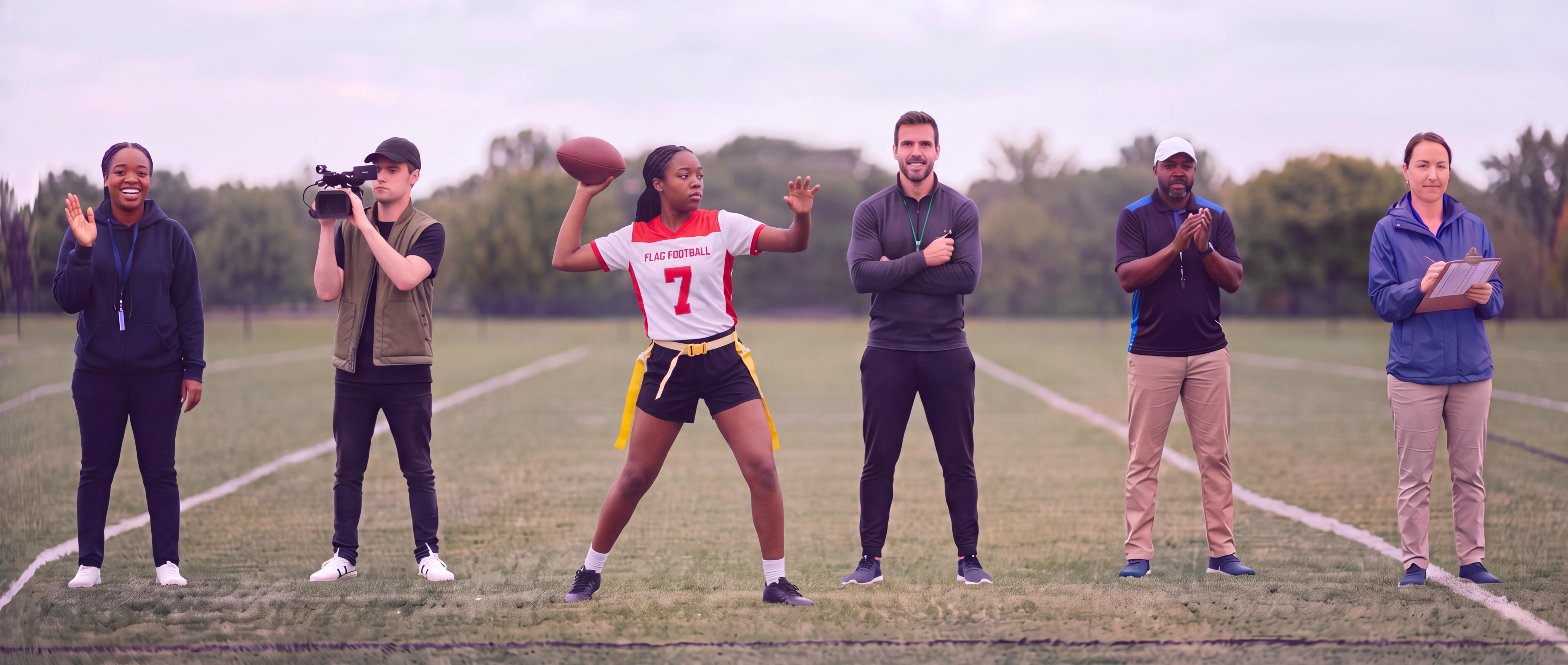 Parent, media professional, African American female flag football athlete throwing a football, trainer, coach, and camp organizer aligned beneath their titles