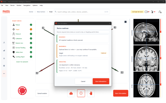 Orion Review readiness modal — eight-point checklist, warnings and targeting tolerances