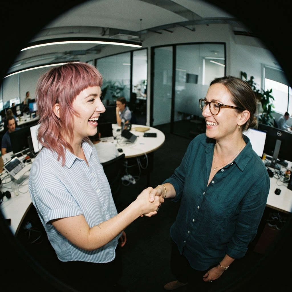 Two colleagues shaking hands in a modern office