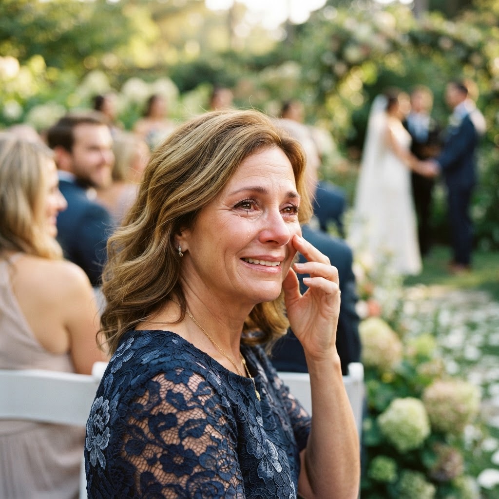 Wedding guest shedding a happy tear during the ceremony