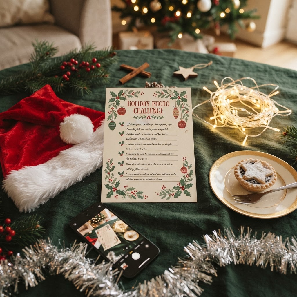 A festive holiday photo challenge list with Christmas decorations