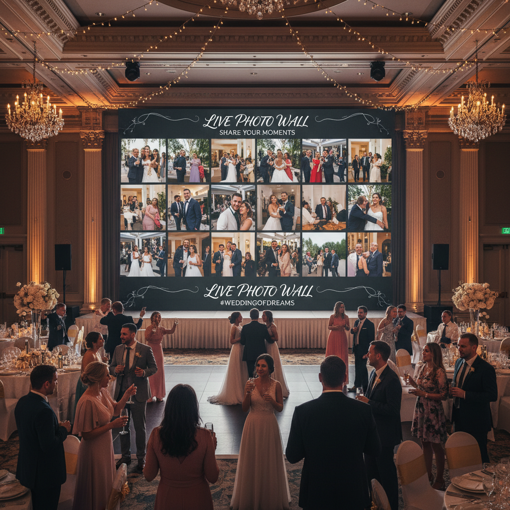 The live photo wall turns guest uploads into a shared experience projected at the venue
