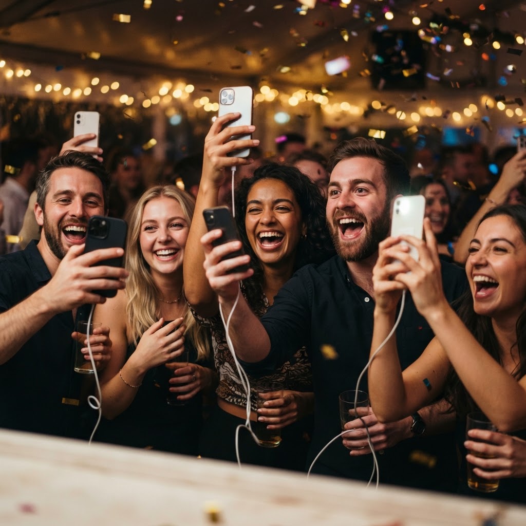 Party guests competing to take photos on their phones
