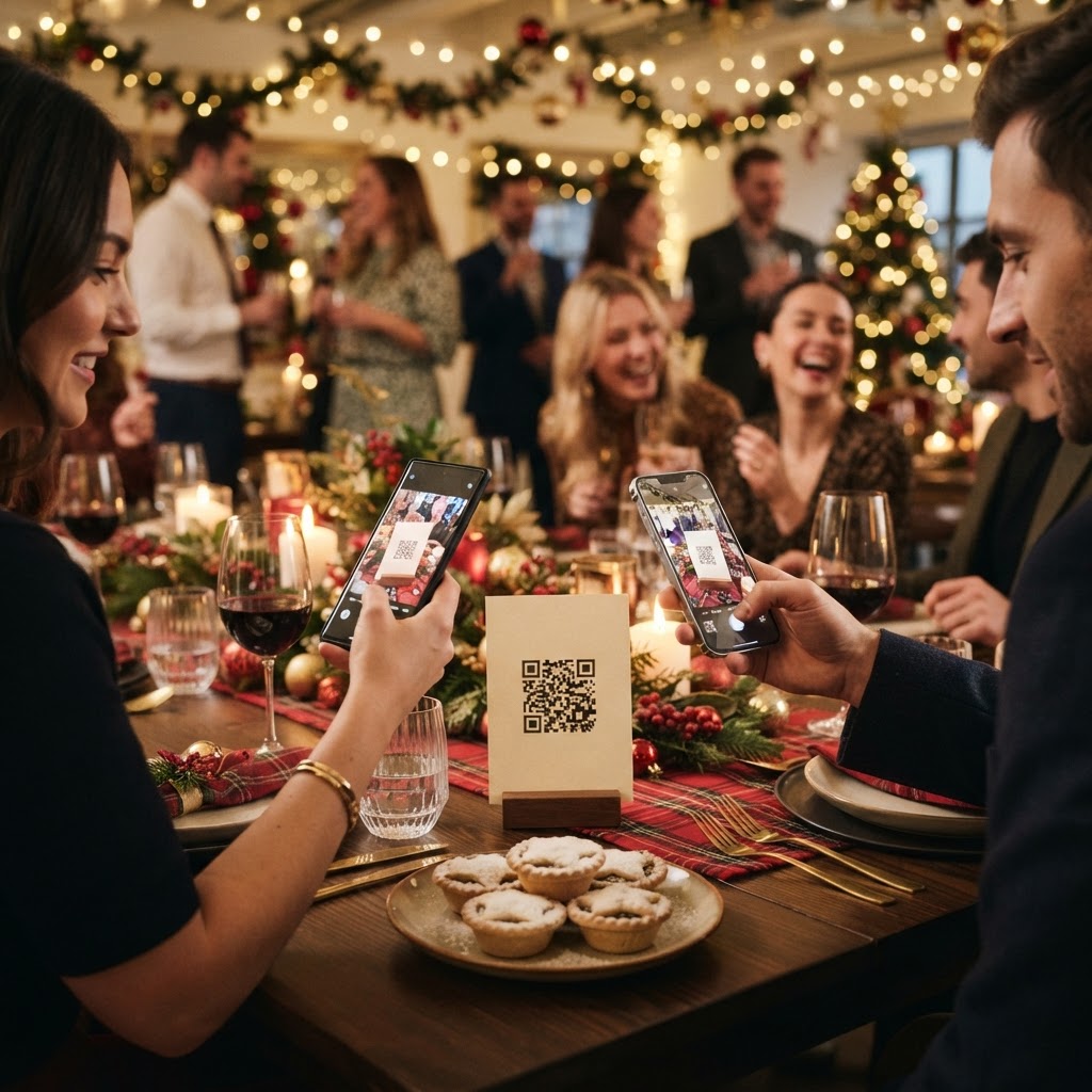 Colleagues scanning a QR code to join a holiday photo challenge at an office party