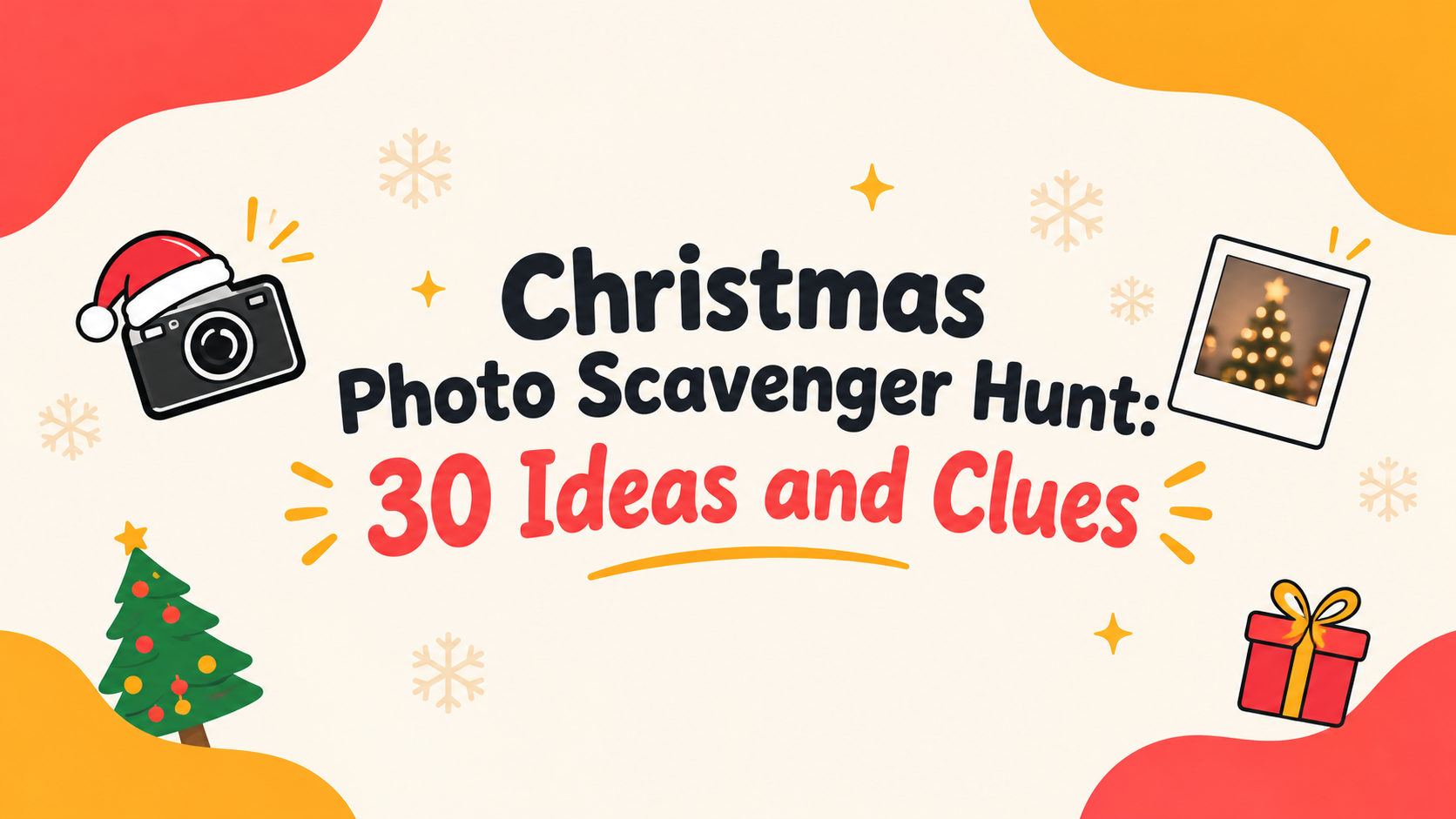Christmas photo scavenger hunt ideas illustration with a camera in a Santa hat, a Christmas tree, a gift box and an instant photo of a decorated tree
