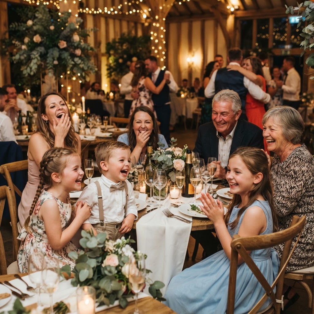 Family laughing at reception