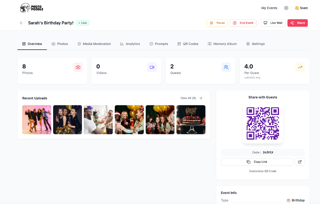 The event host dashboard gives you a live view of participation, uploads, and engagement