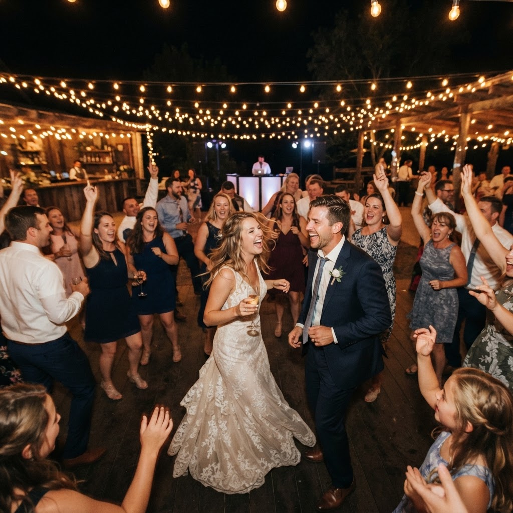 Guests dancing at a wedding reception