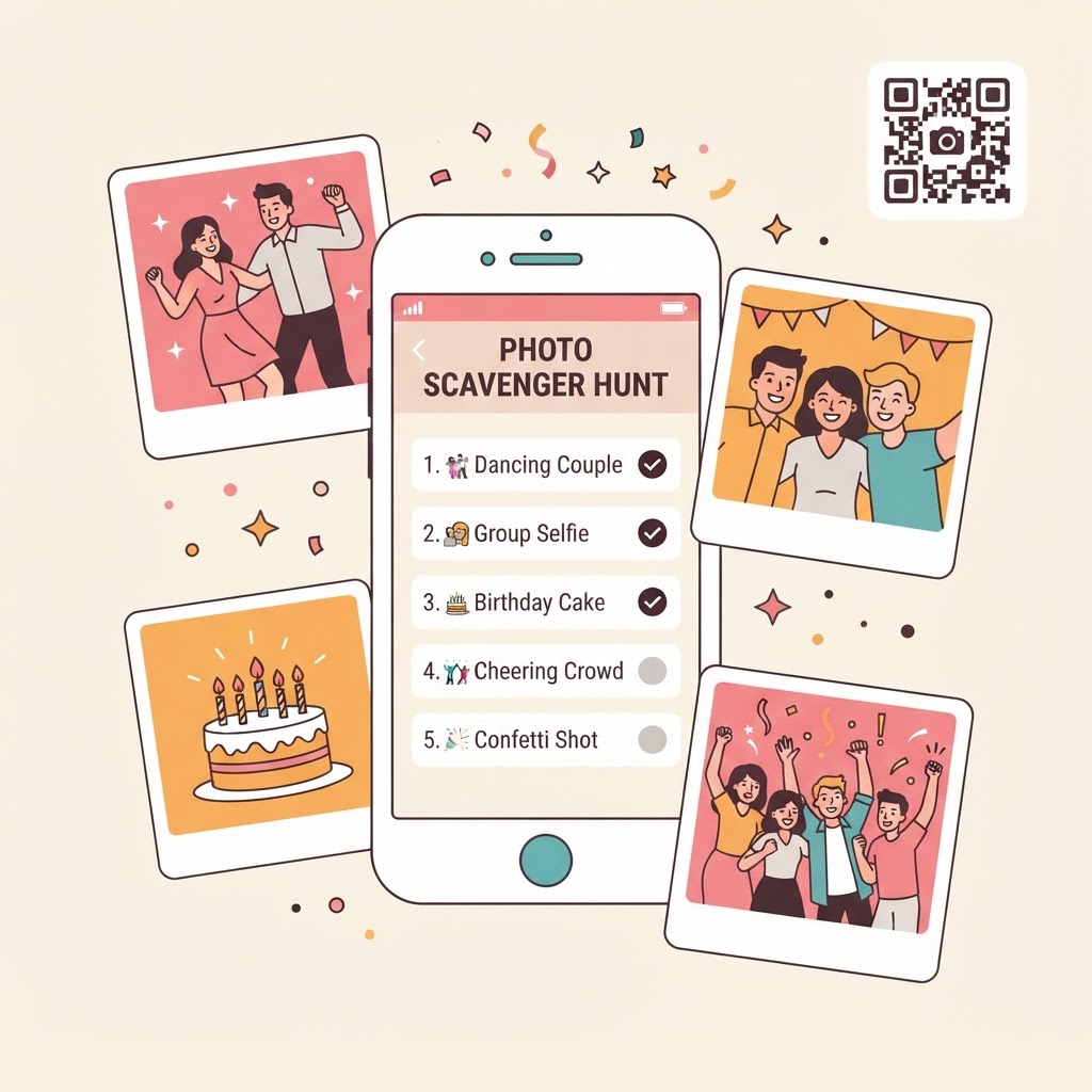 A smartphone displaying a photo scavenger hunt challenge list with checkmarks, surrounded by candid event photo thumbnails and a QR code icon