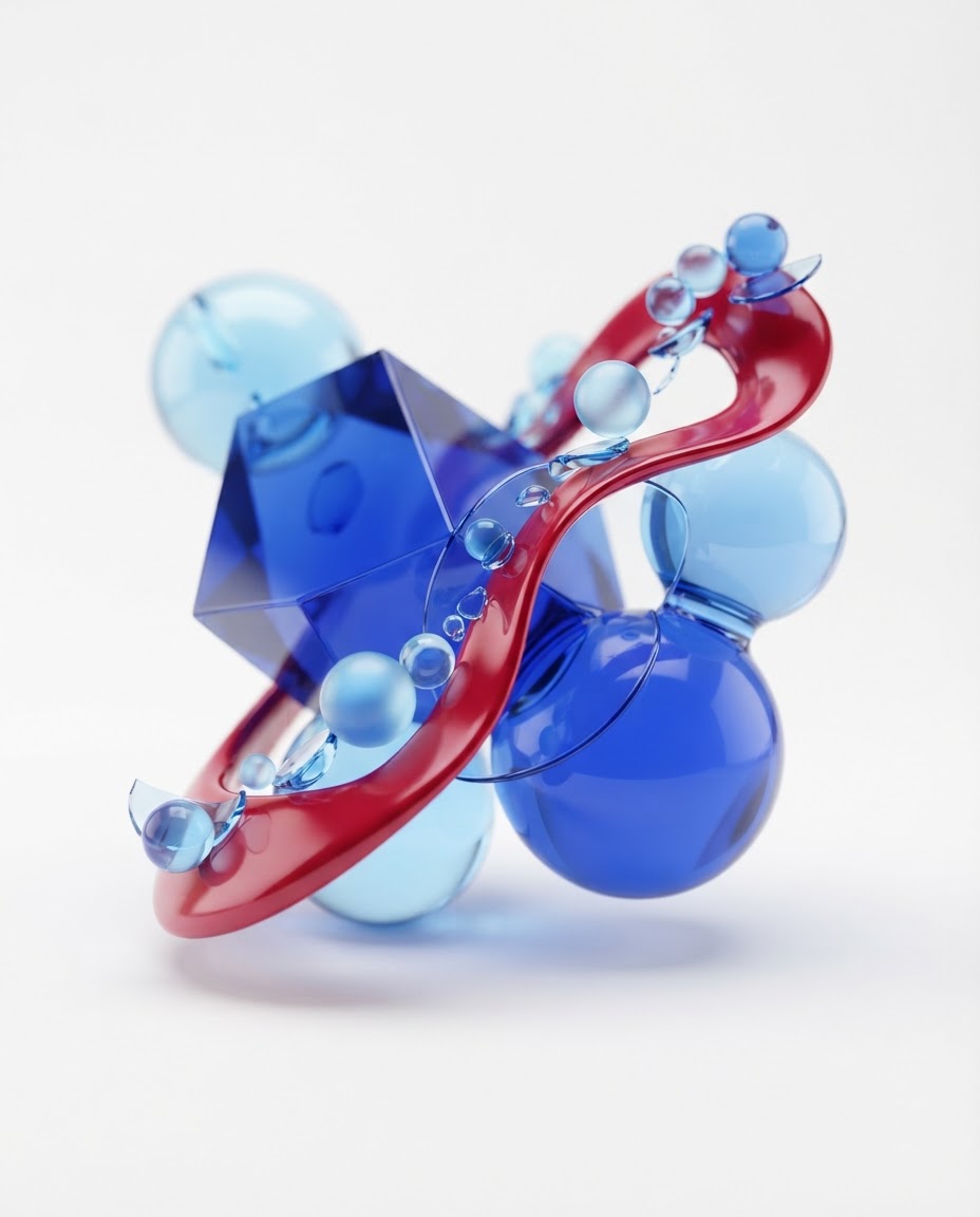 Red 3D ribbon arcing through translucent blue glass forms