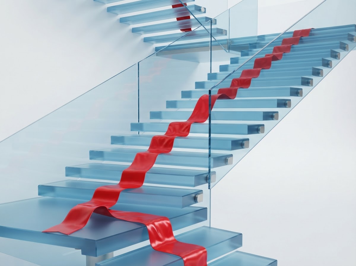 Layered glass staircase with red ribbon