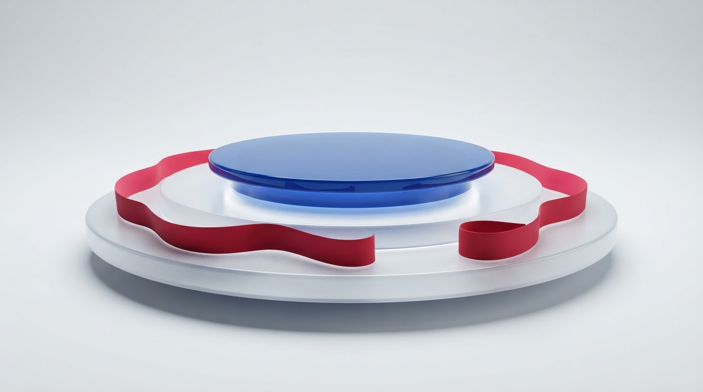 Elevated glass conversation stage with red ribbon