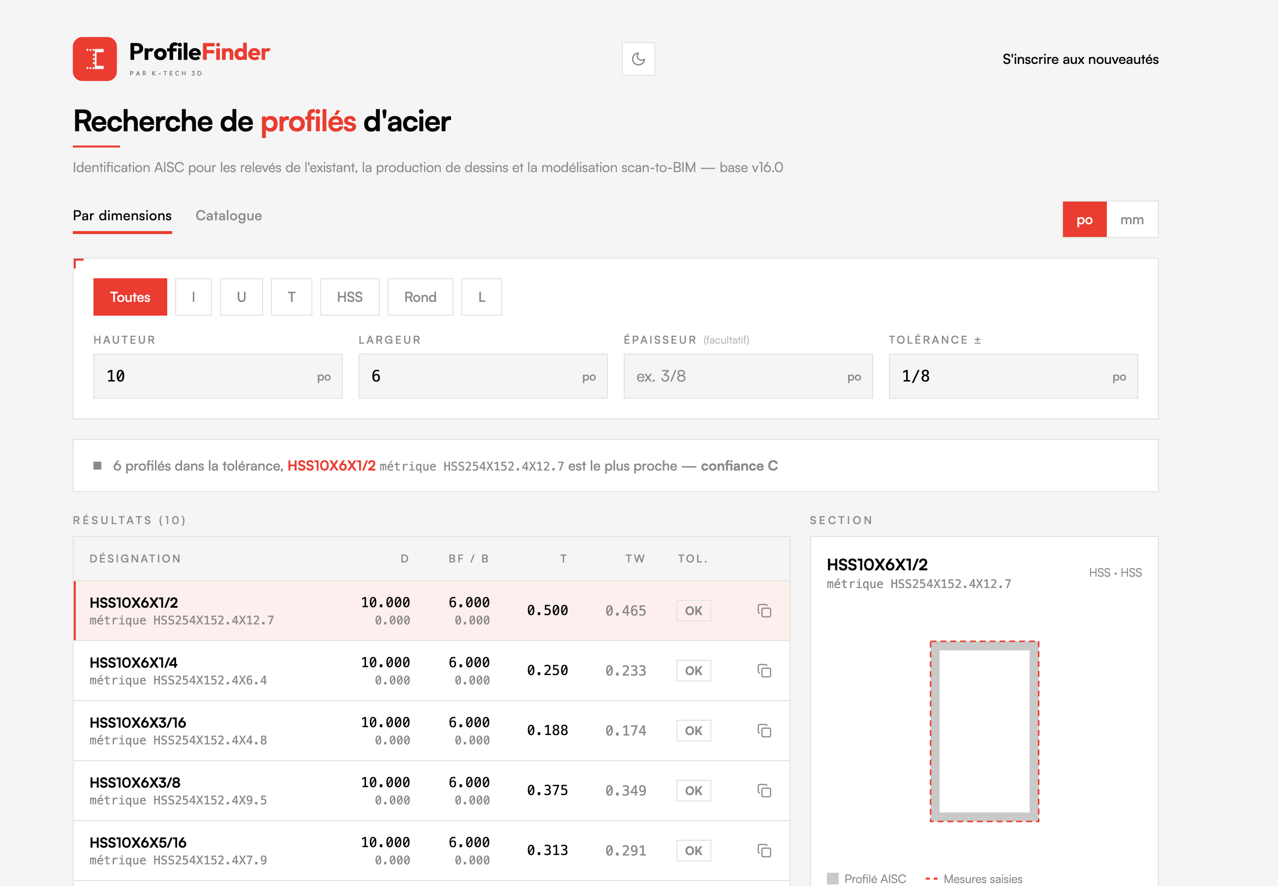 Interface de ProfileFinder : recherche de profilés d’acier et dessin de section