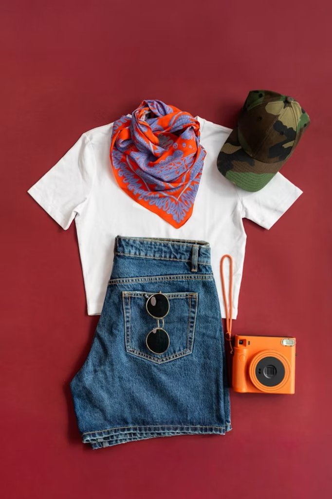 Vêtements disposés à plat sur fond rouge : t-shirt blanc, short en jean, foulard orange, casquette camouflage et appareil photo instantané — illustration article algorithme Vinted
