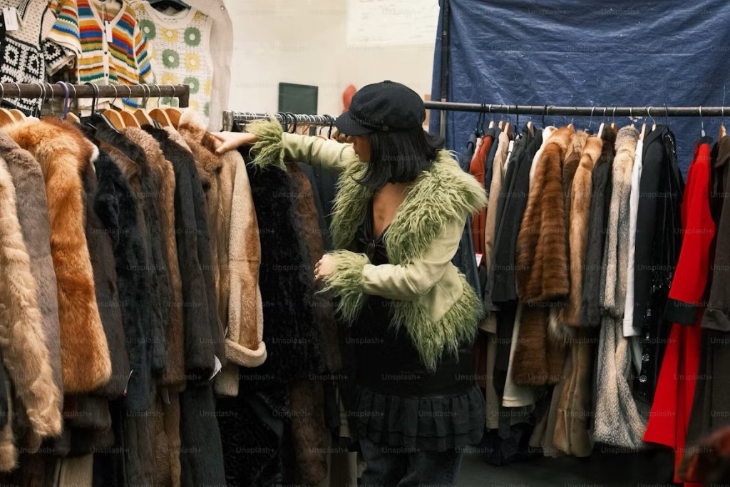 Personne fouillant un portant de vêtements vintage dans une friperie, veste vert sauge à poils longs — illustration article pourquoi tes articles ne se vendent pas sur Vinted