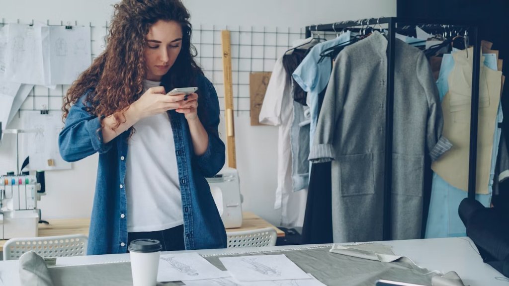 Femme en atelier photographiant des croquis de mode avec son smartphone, vêtue d'une chemise en jean — illustration article vendre plus vite sur Vinted