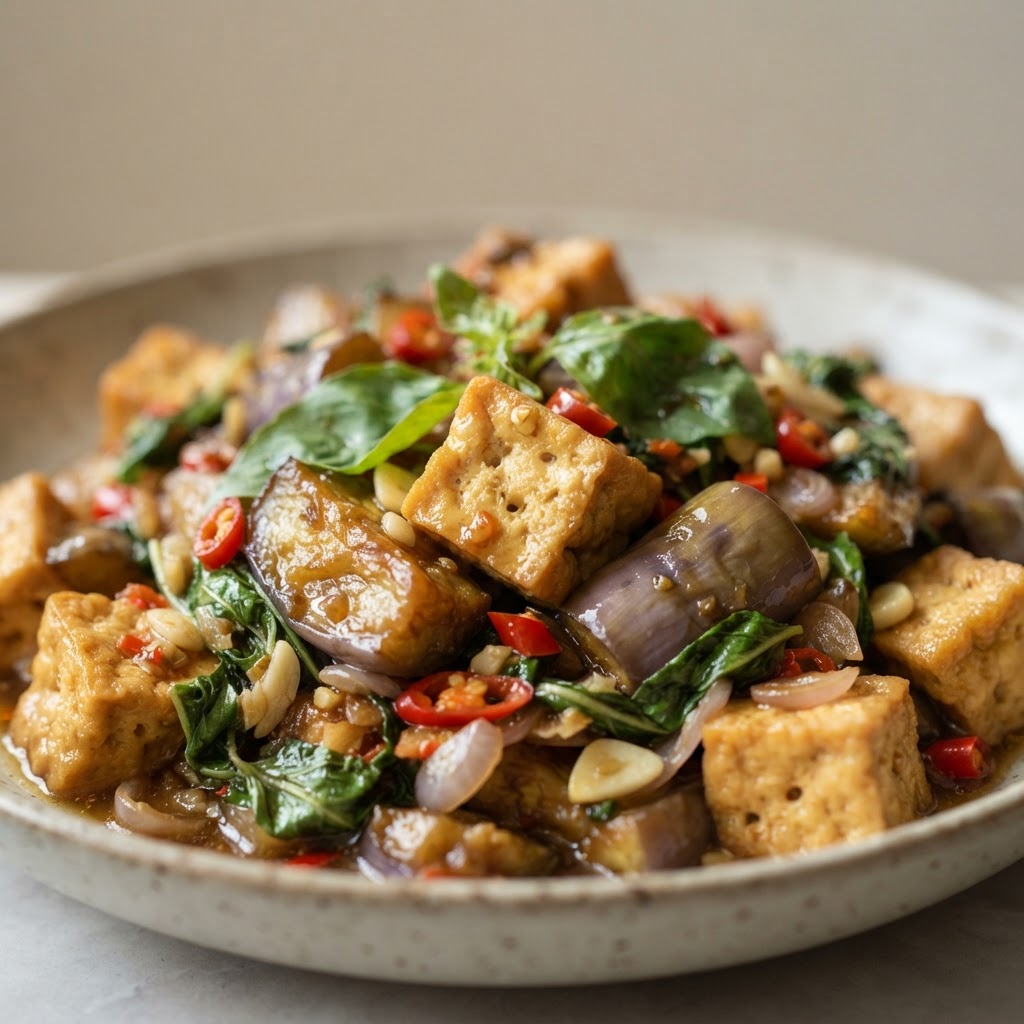 V-2. Spicy Eggplant and Tofu Basil Stir Fried (Medium Spicy)