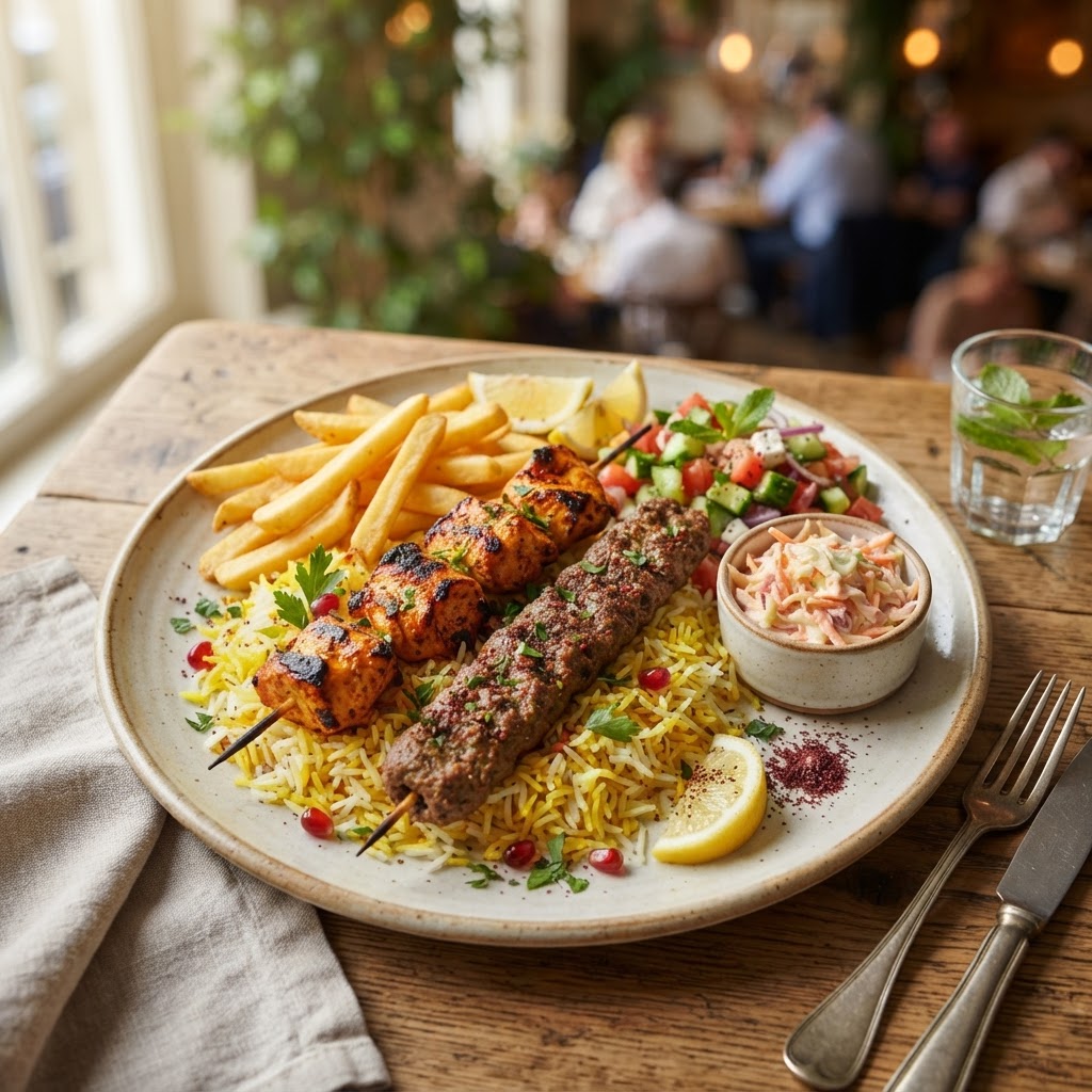 2 skewers chicken and kebab
