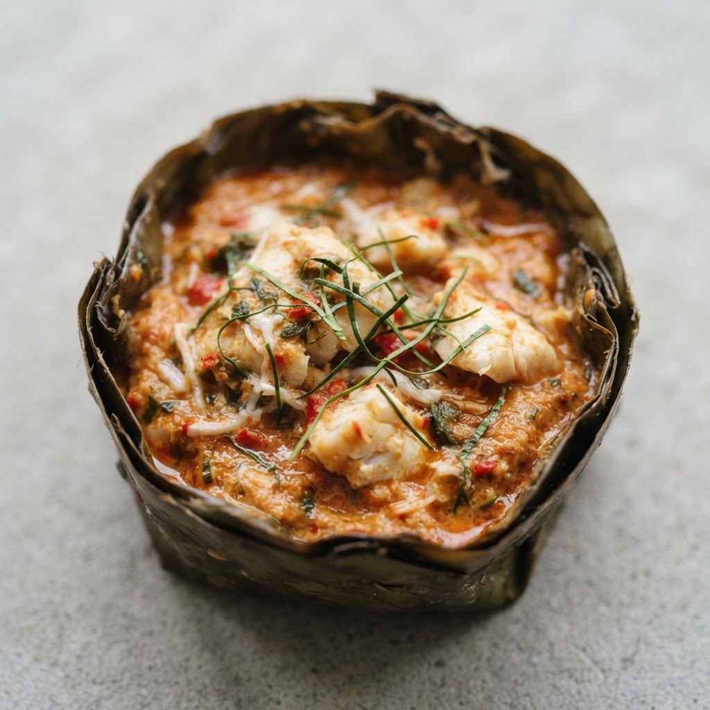 SF-16. Steam Amok Fish With Red Curry; Coconut Milk And Lime Leaves (Spicy)