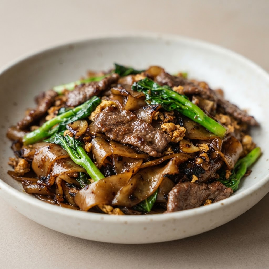 N-6. Beef Pad Siew (large rice noodle stir fried in a dry homemade soy sauce & veggie))