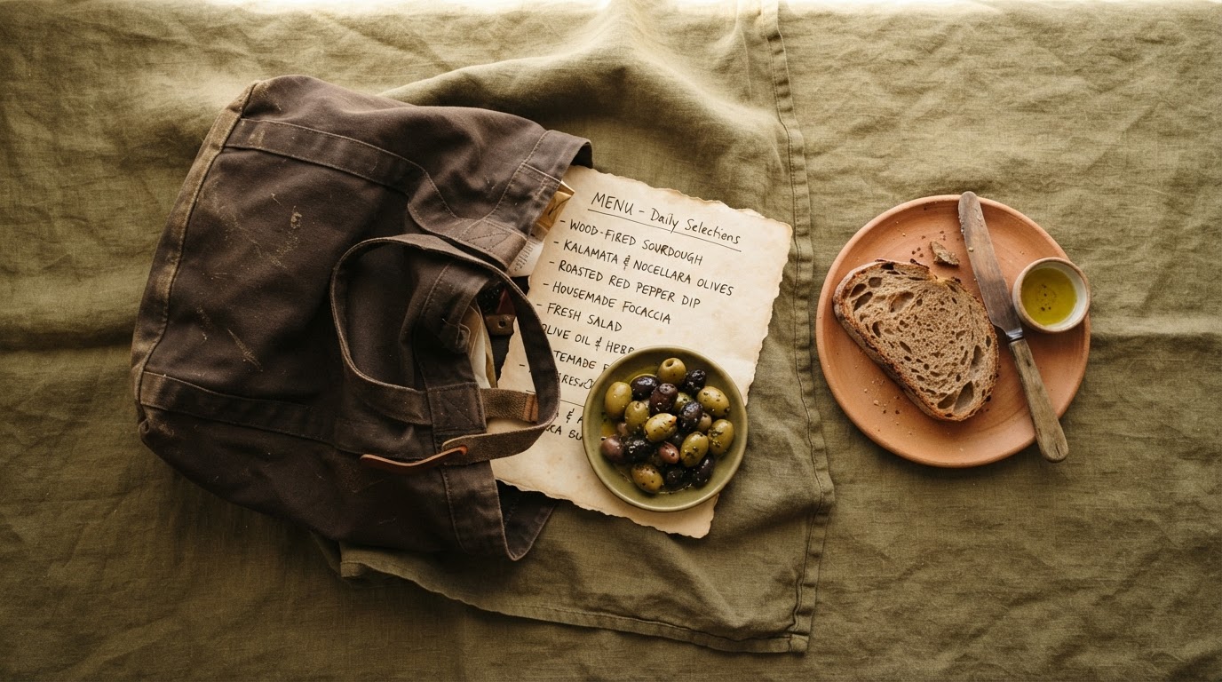 Takeaway bag and menu on linen