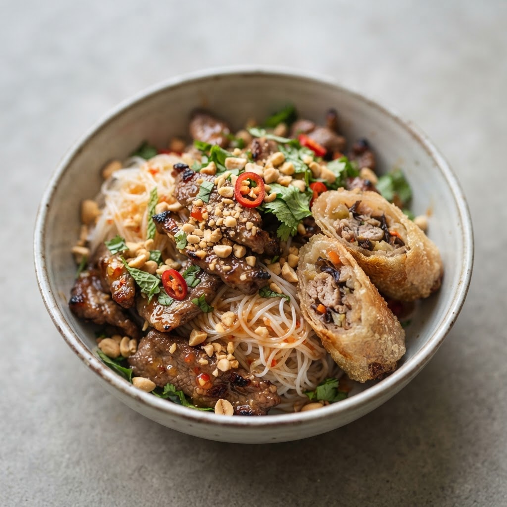 N-11. Beef Vermicelli (Salad; noodle; peanut; chilli; spring rolls and sweet sauce)