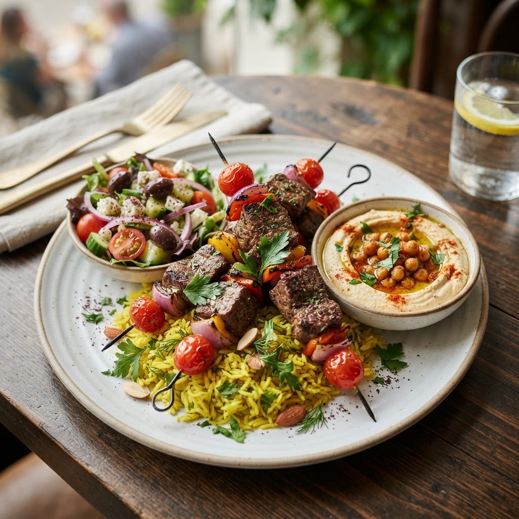2 skewers steak kebab tender