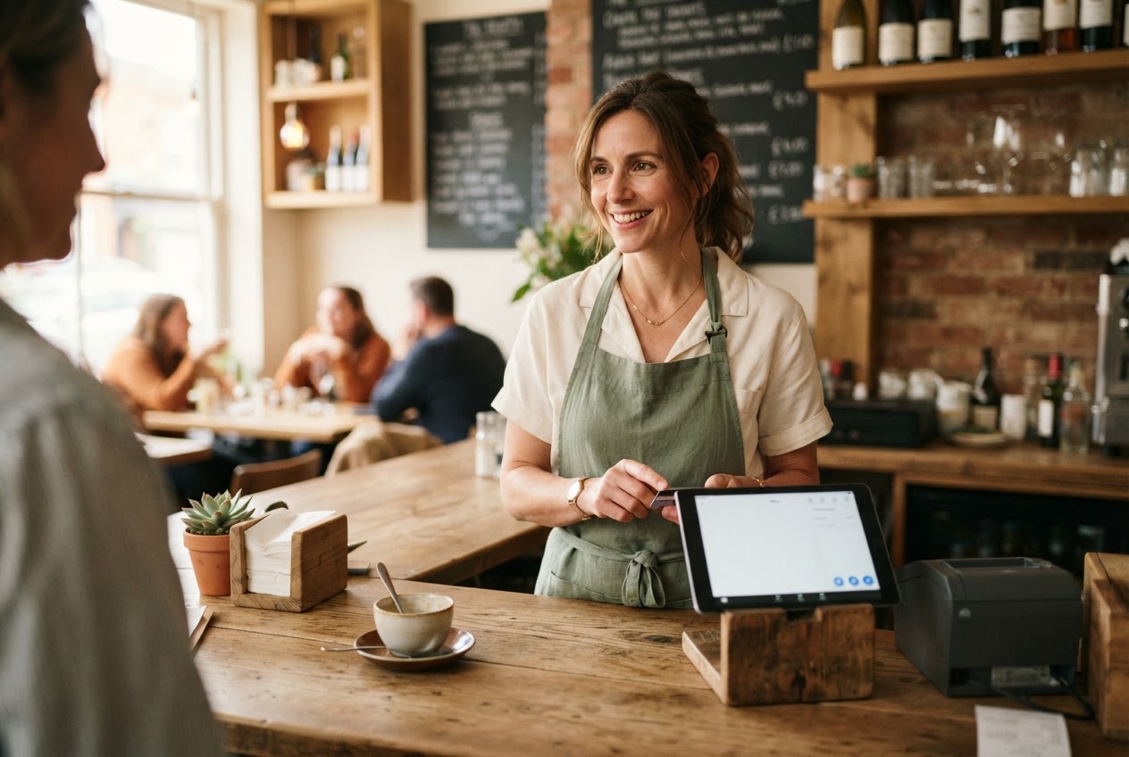 Restaurant owner at counter with POS terminal