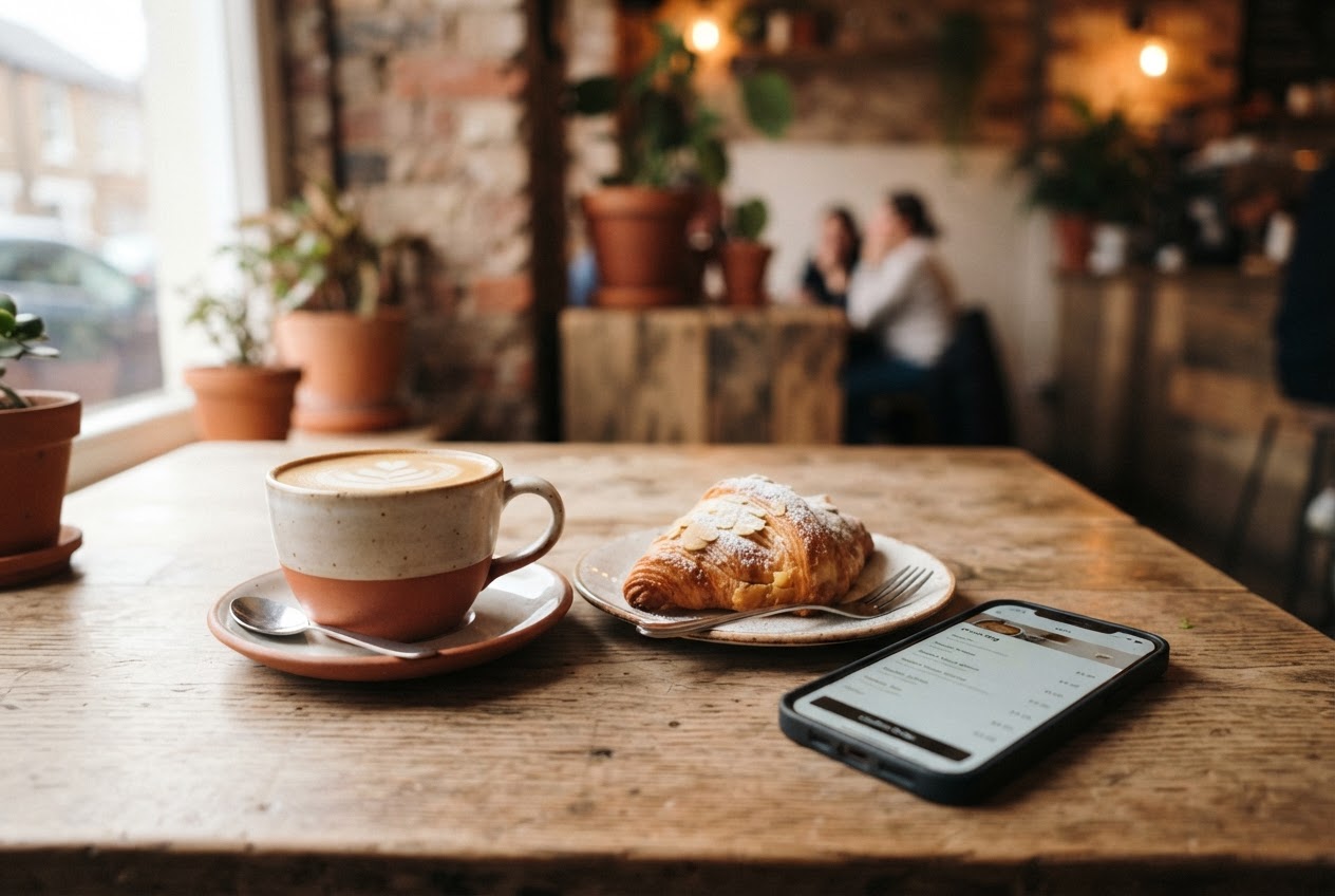 Cafe table with phone and pastries